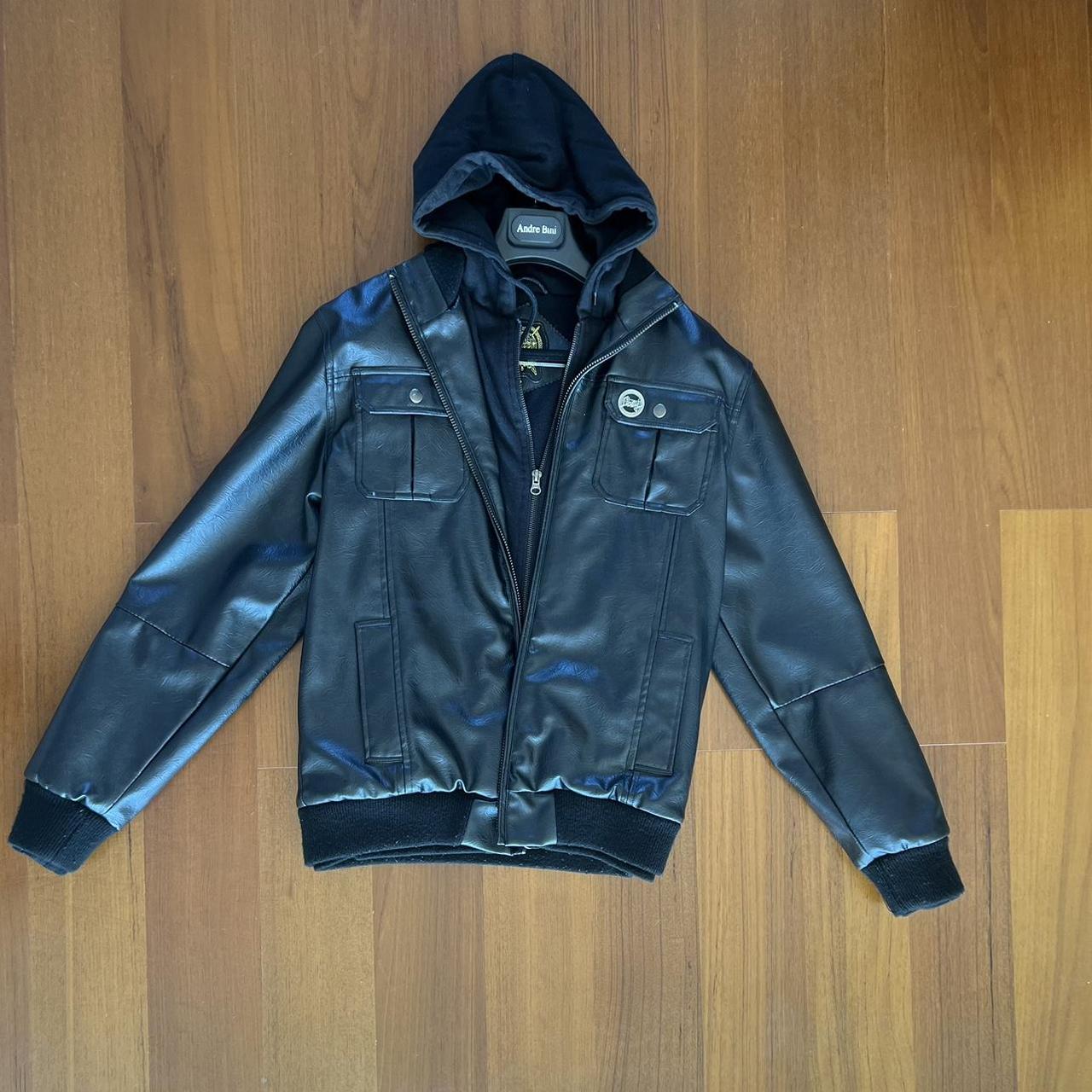 OBEY Black leather jacket with hood Excellent. Depop