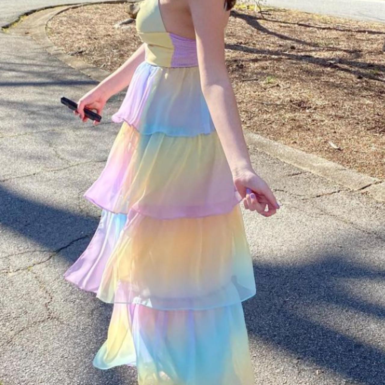 Amanda Uprichard buy Thaddea Tiered Chiffon Pastel Rainbow Maxi Dress