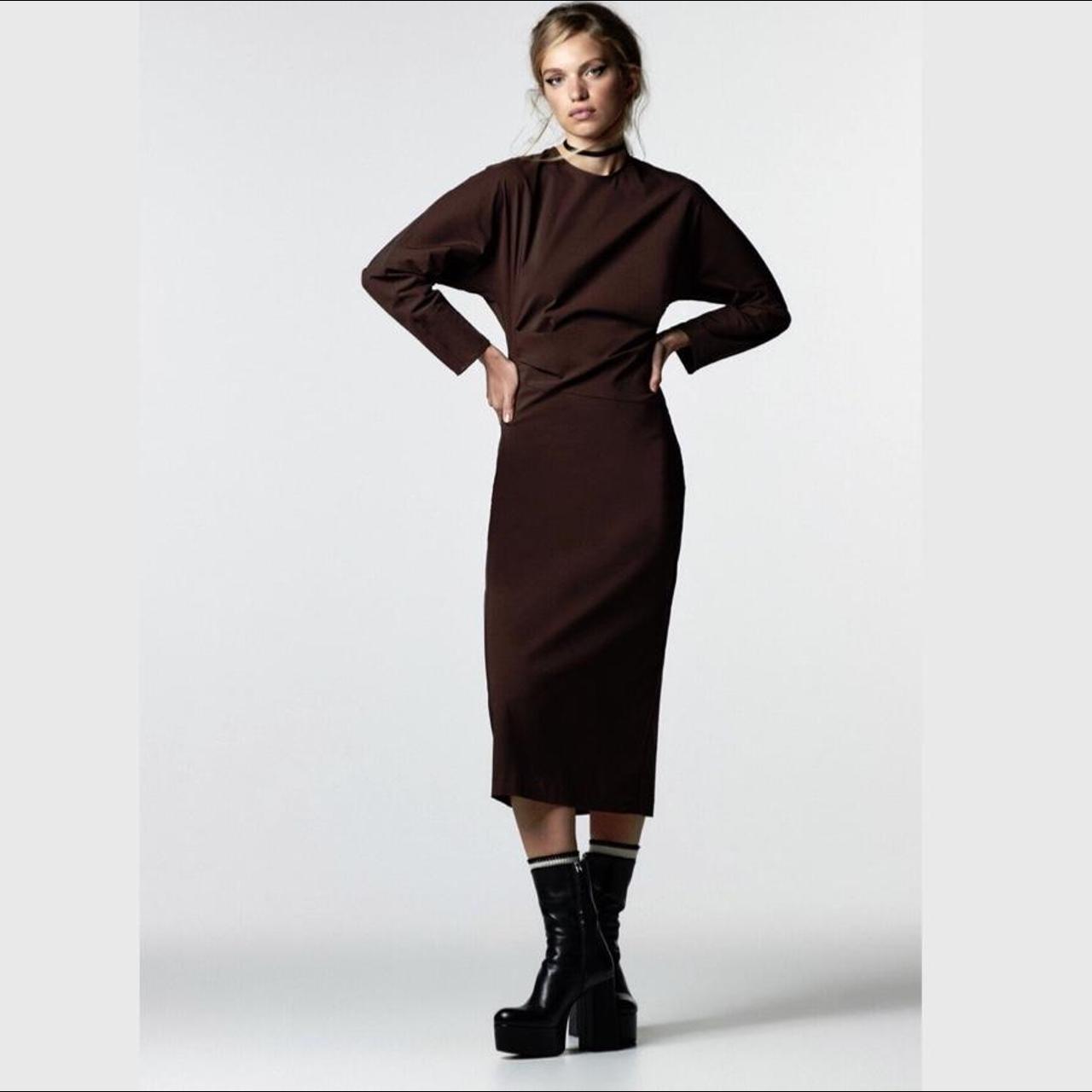 NWT Zara Deep Chocolate Brown Ruched Midi Dress A... - Depop