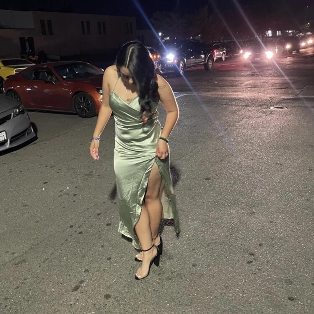 Sage green satin slip dress with a split on the... - Depop