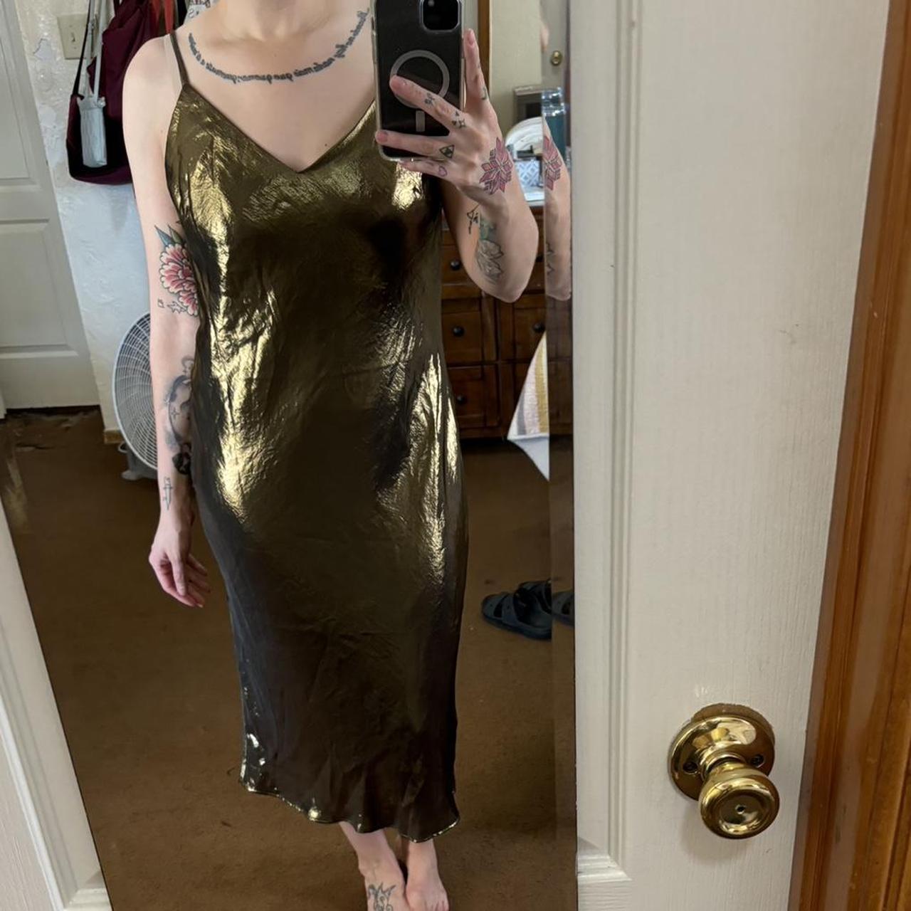 Express spaghetti strap metallic gold dress,