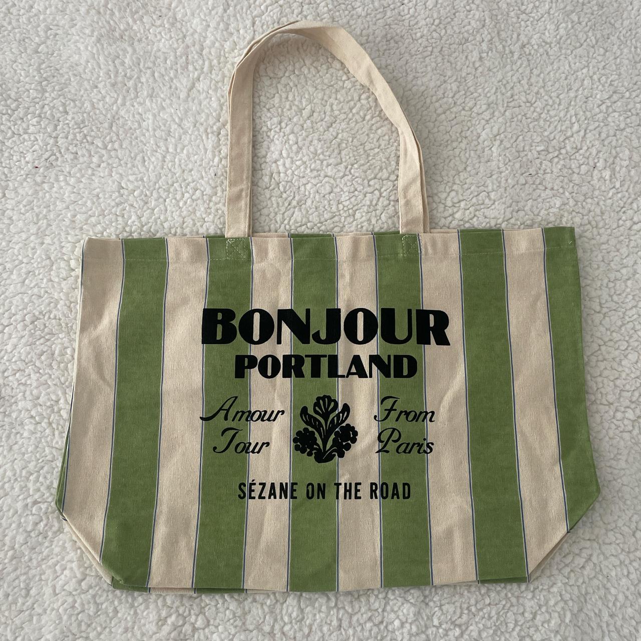 Green and white Sezane striped tote bag Depop