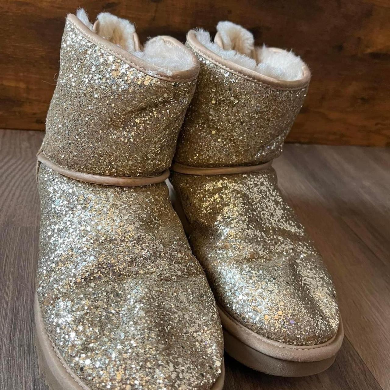 Gold glitter UGG boots with a cute bow on the inside