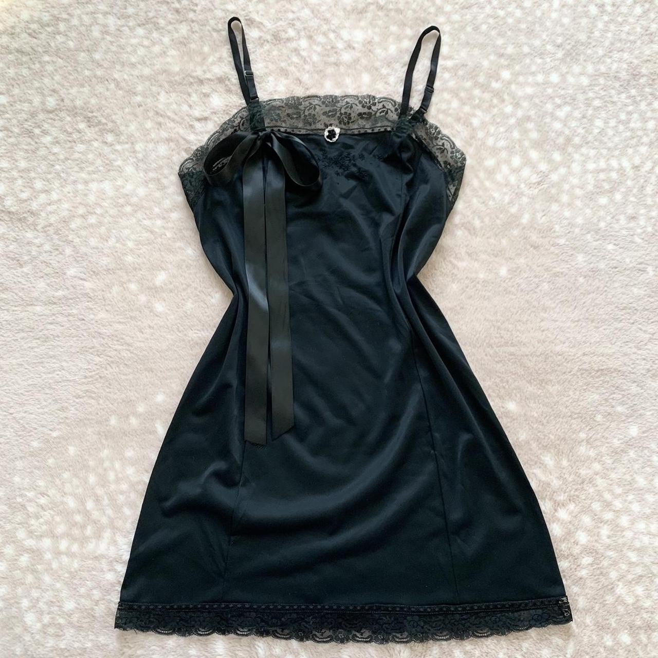 vintage black lace & bow cunty lingerie slip mini... - Depop