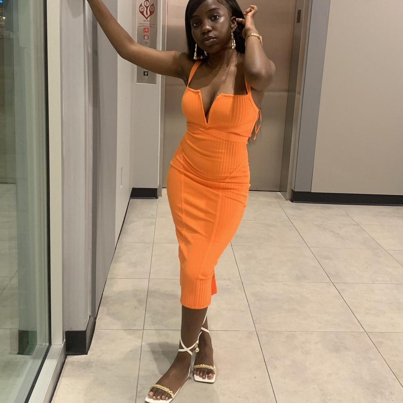 Body con orange midi dress bodycon orange dress. Depop