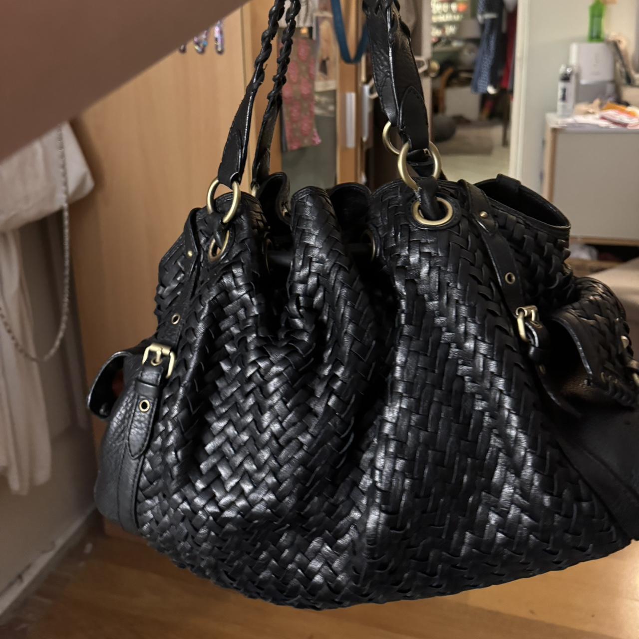 vintage cole haan black leather woven bag with gold | Depop