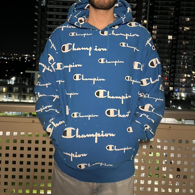 CHAMPION men s blue champion print hoodie great. Depop