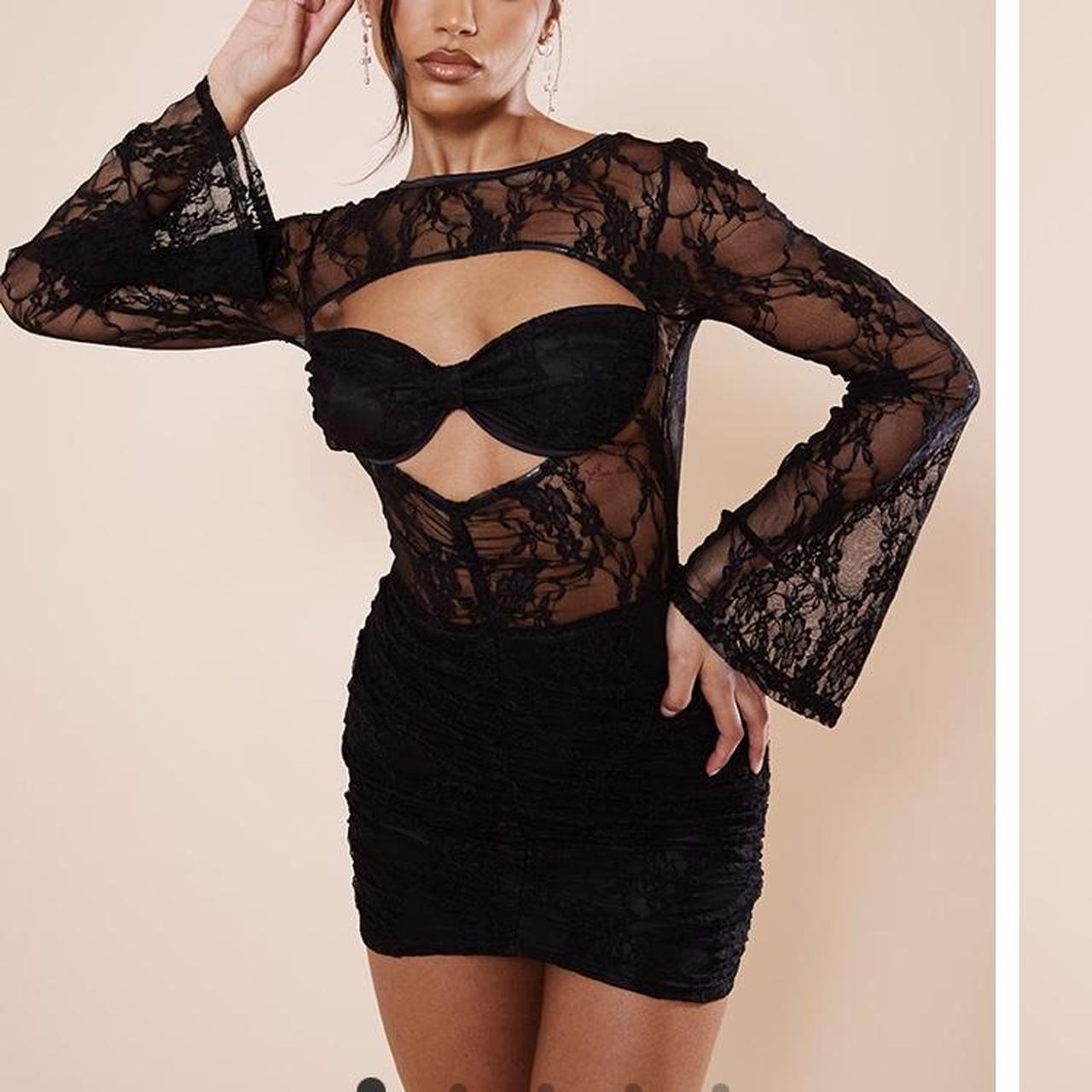 Lace Pretty Little Thing Black Bodycon Dress Black Ribbed Lace Up