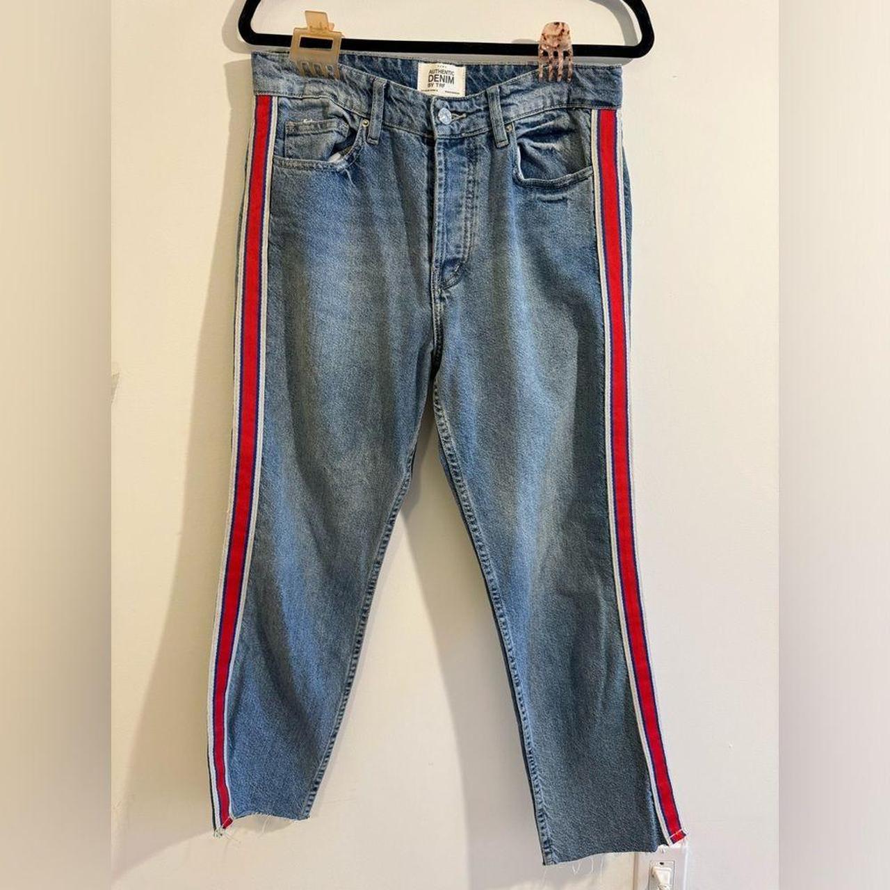 Soft denim jeans from Zara with a thick red stripe. Depop