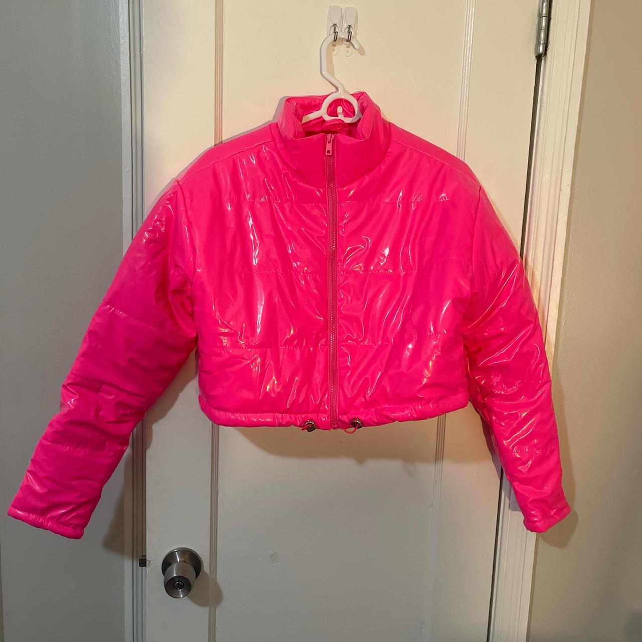 Hot pink cropped puffer jacket #pinkjacket Depop