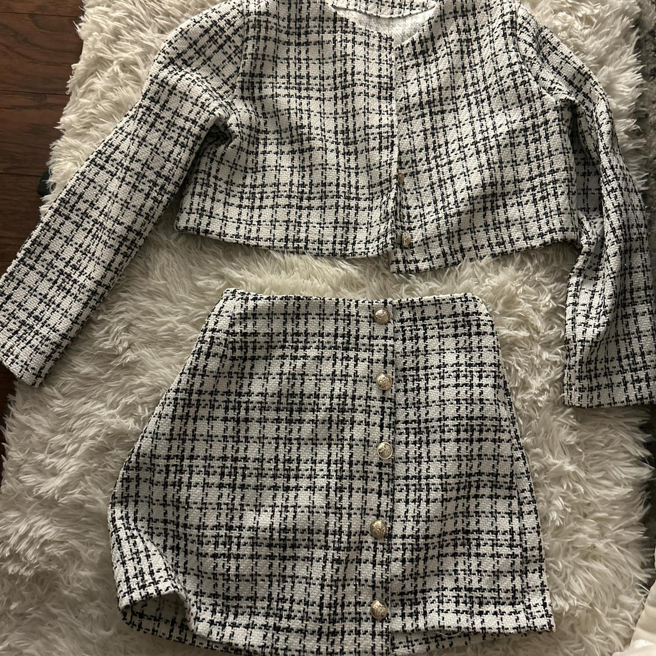 Black and white checkered skirt and jacket best sale