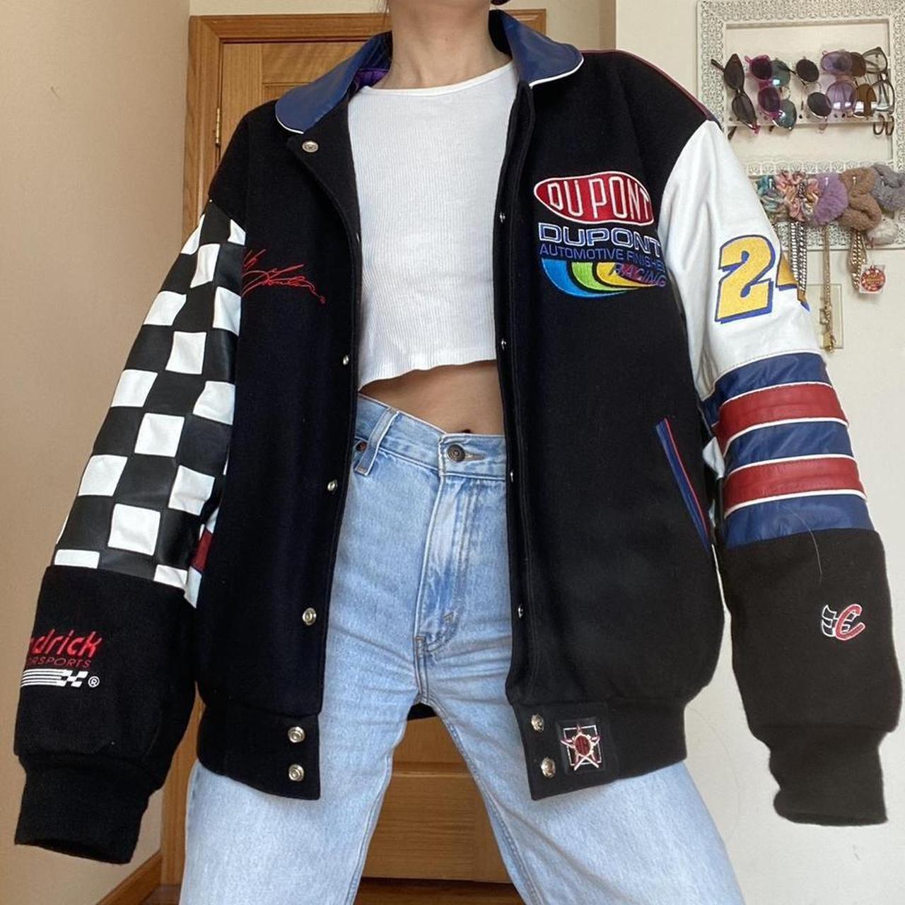 vintage leather bomber jacket. racing bomber moto... - Depop