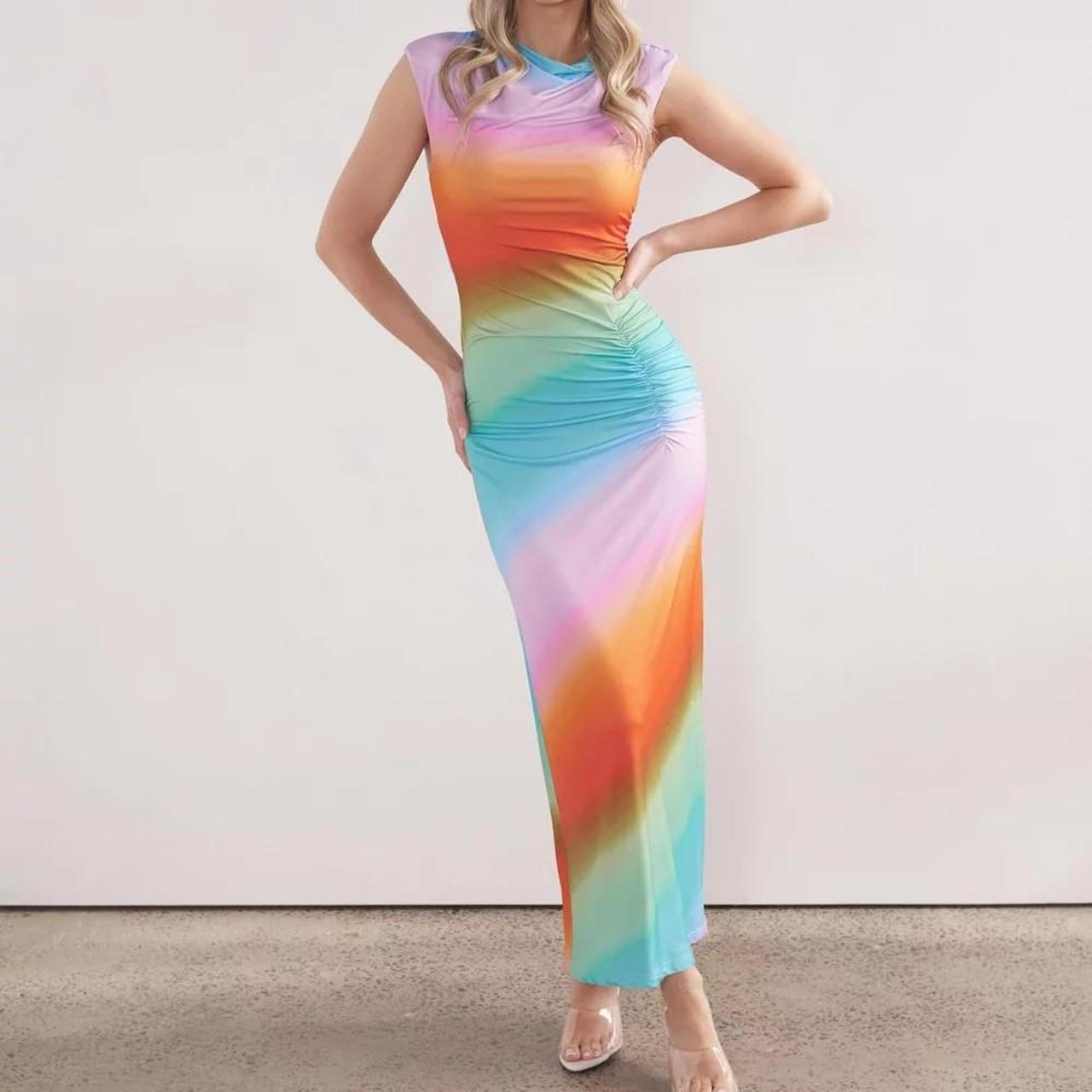 Ombre multi colour rainbow bodycon maxi dress. Depop