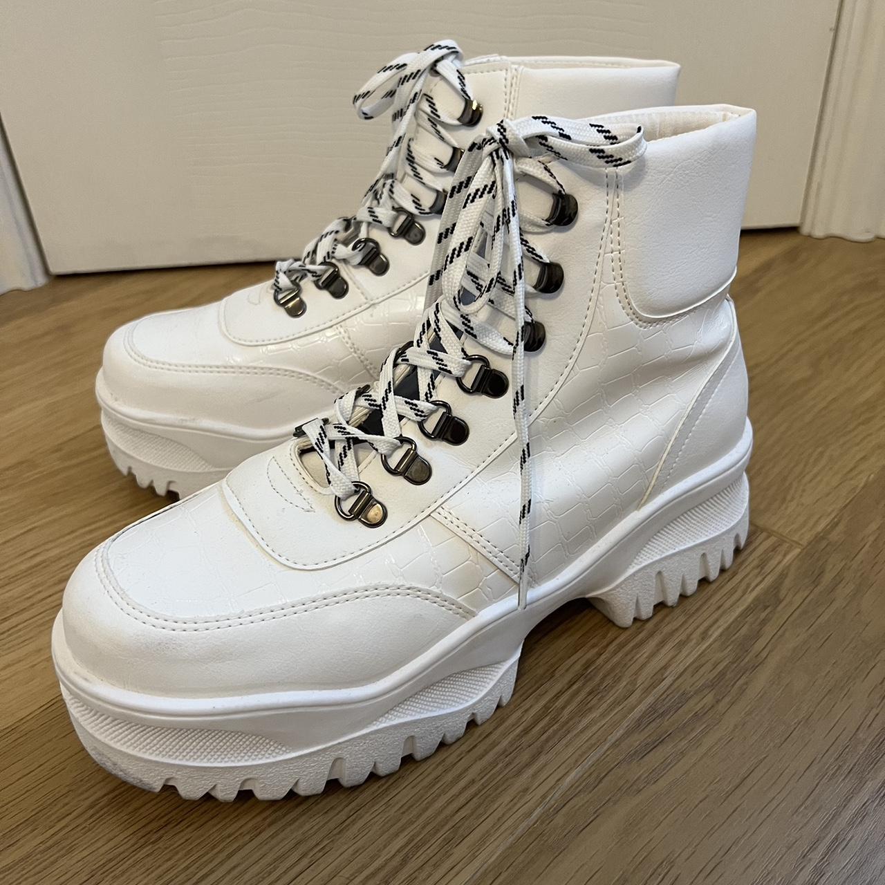 Chunky white platform snake boot lace up boots size... - Depop