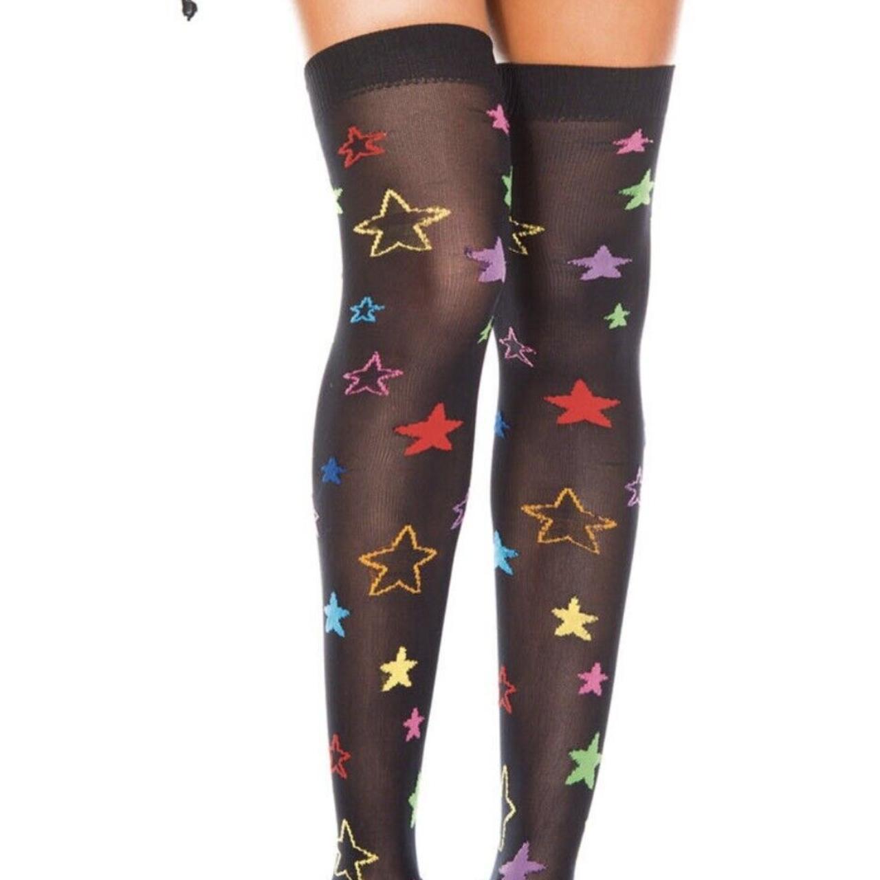 Black Thigh High Stockings W Neon Star Rainbow Star Depop 