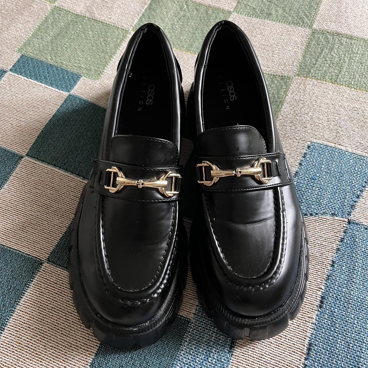 ASOS Design Women's Black and Gold Loafers | Depop