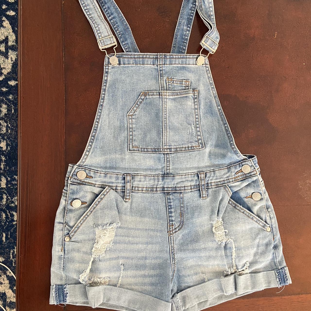 light blue ripped denim overall shorts adjustable