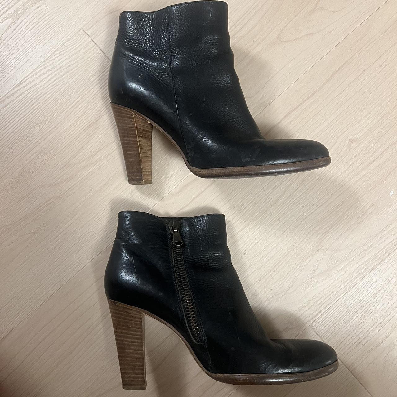 Black leather ankle boots with wooden heel