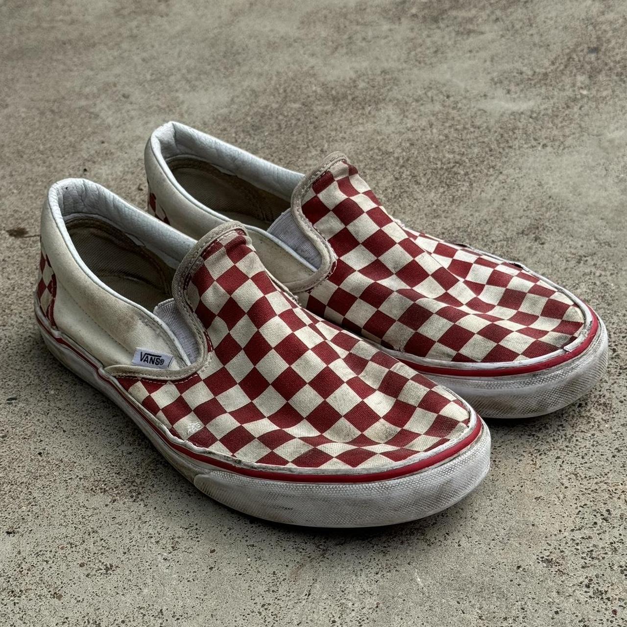 Red and white checkered vans slip ons deals