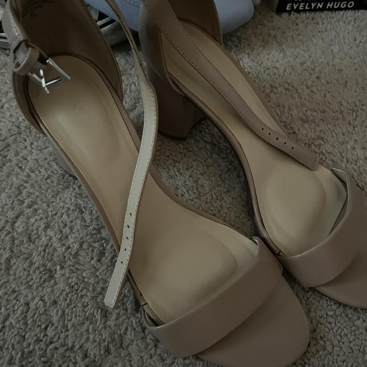 Tan and cream heels with buckle strap Depop