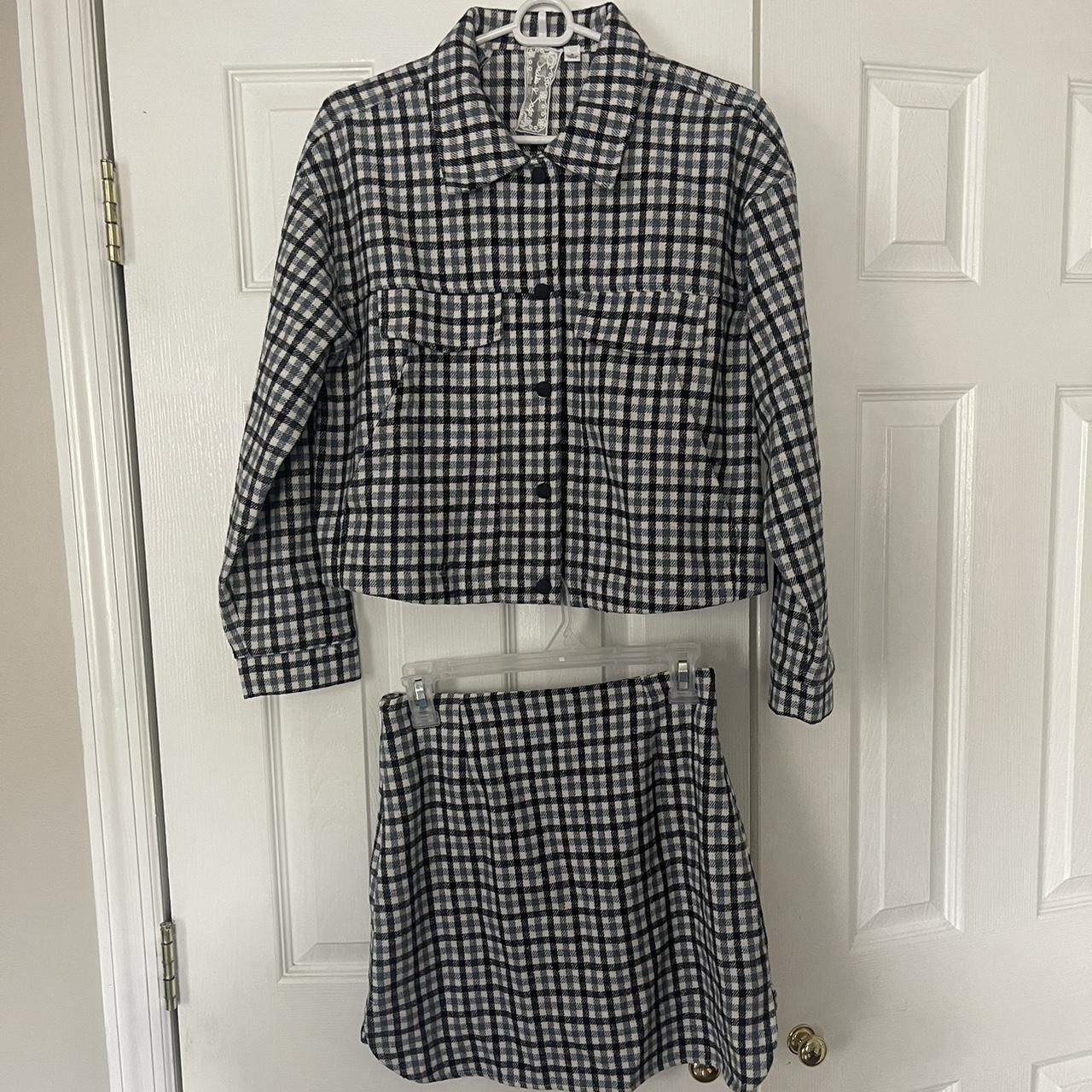 Blue black and white plaid skirt and jacket set Depop