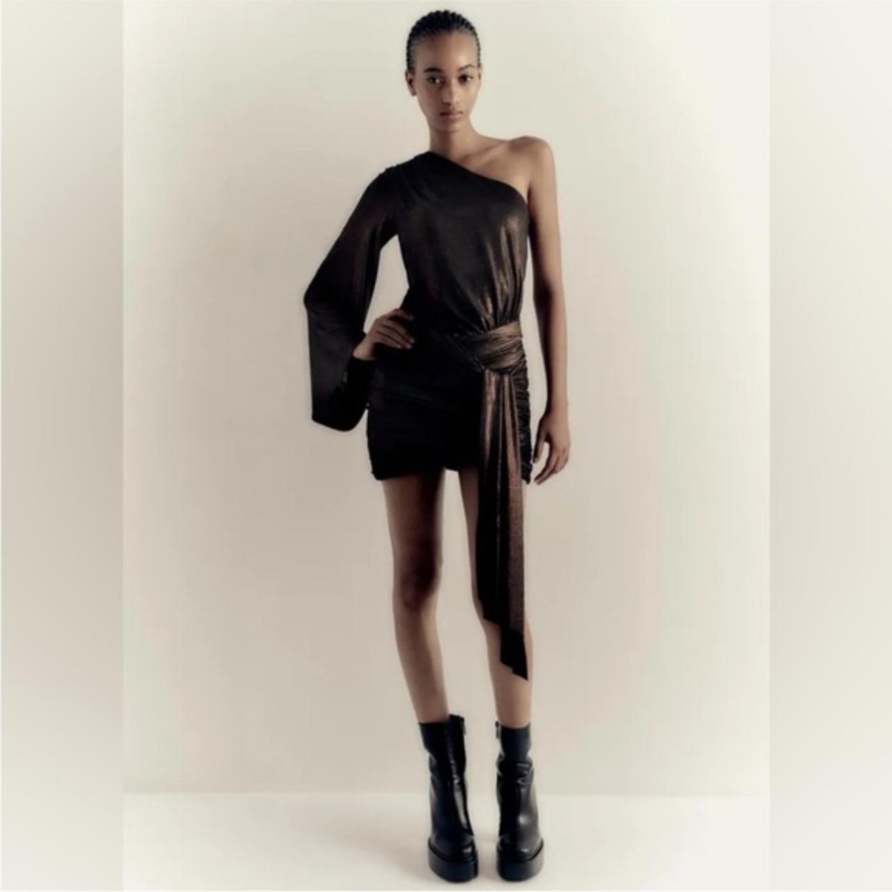 Zara Asymmetrical Black and Bronze Dress Depop