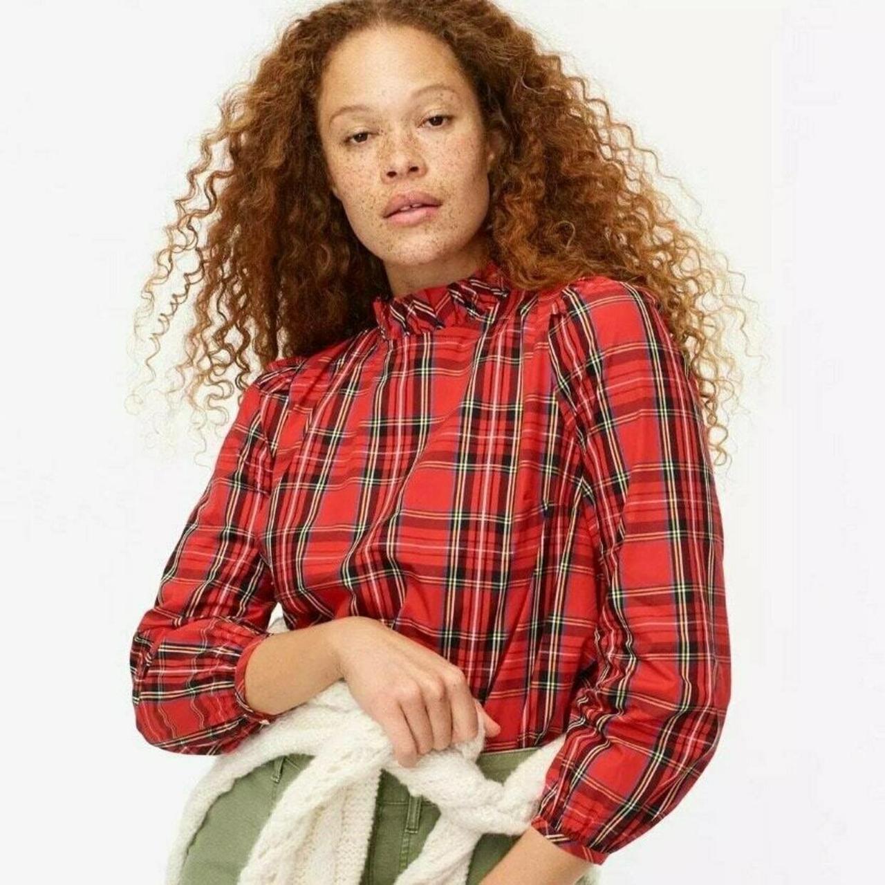 NWOT J. Crew Red Tartan Plaid Ruffle High Neck Shirt | Depop