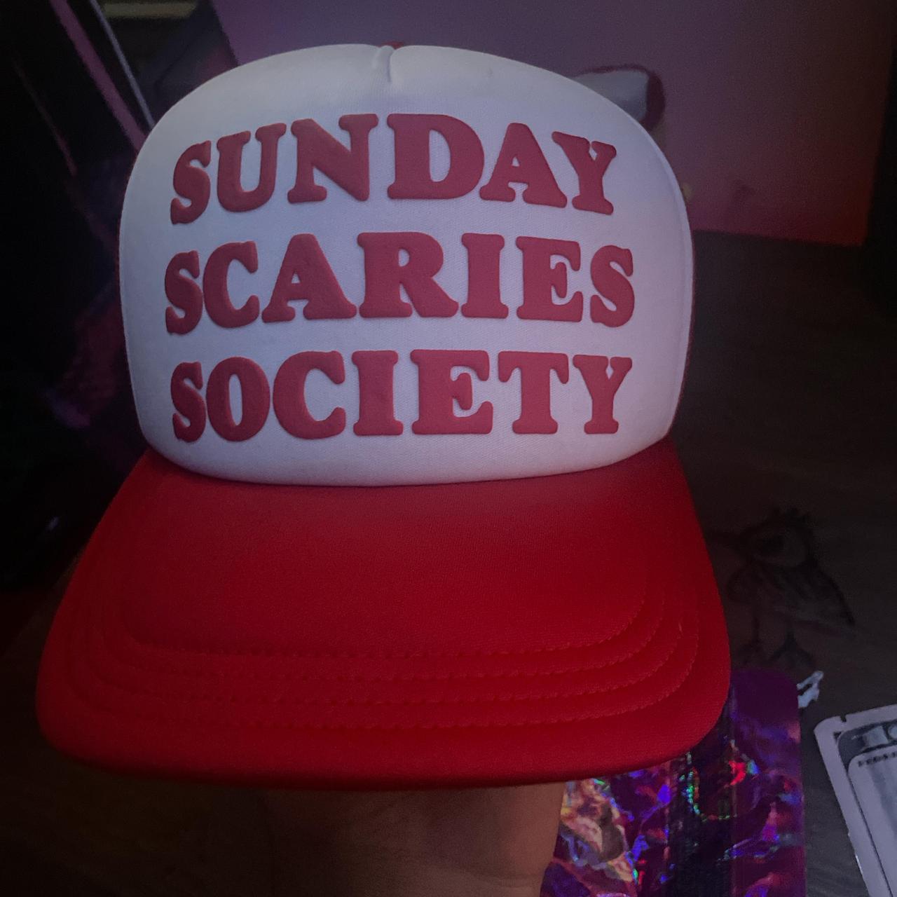 Red and white Sunday Scaries Society snapback | Depop