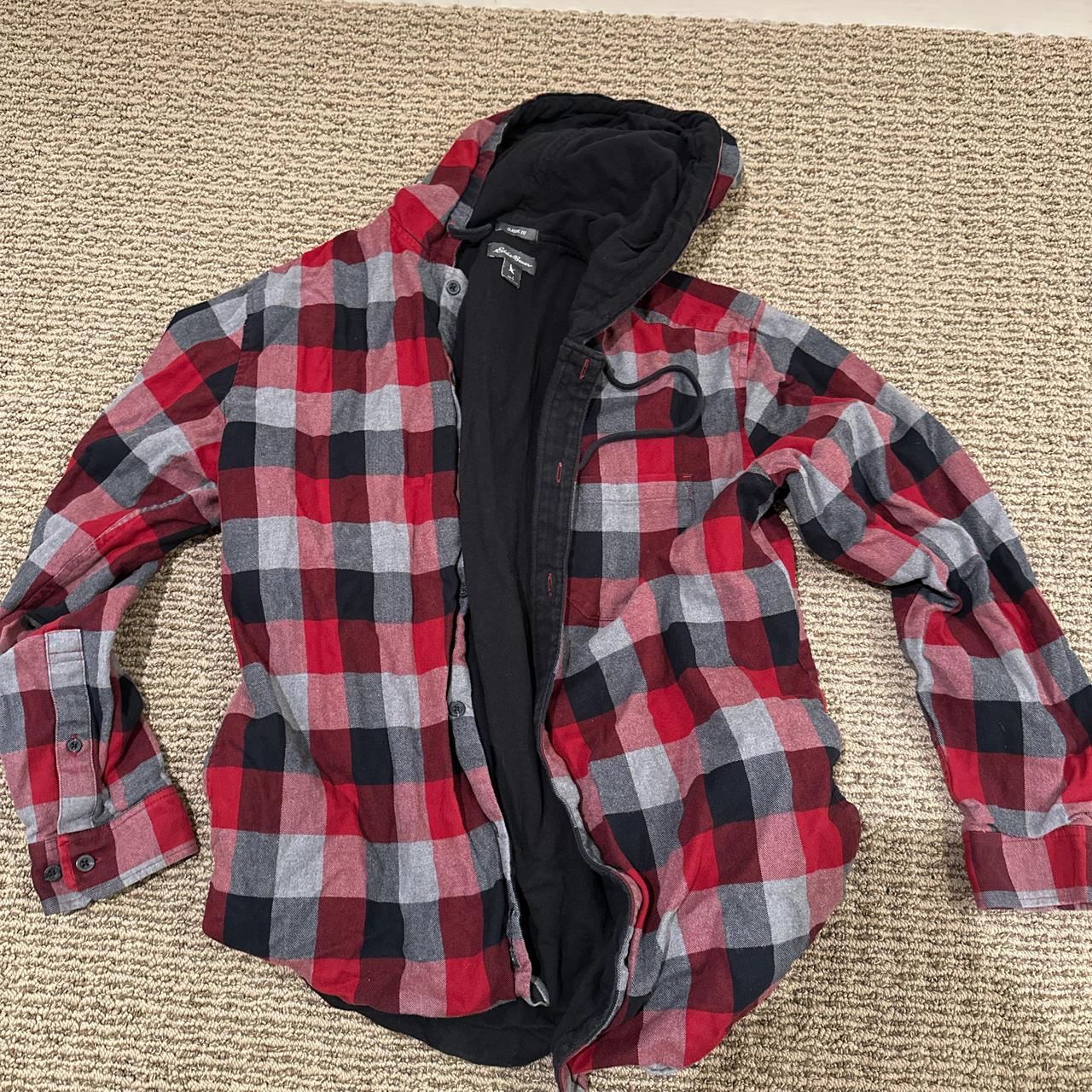 Eddie Bauer Red and black flannel hooded jacket. Depop