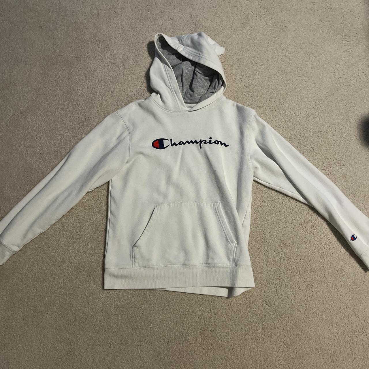 White Champion Hoodie Youth XL Slightly Used Great. Depop