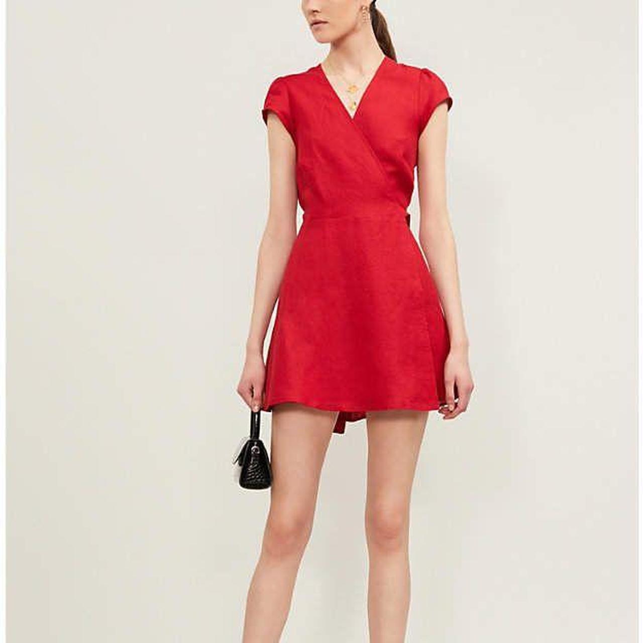 reformation • rodin cherry red linen wrap mini dress... - Depop