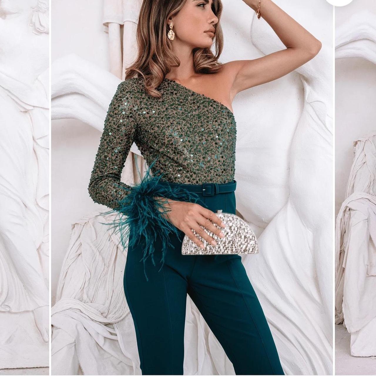 One shoulder sequin jump suit with feather detail