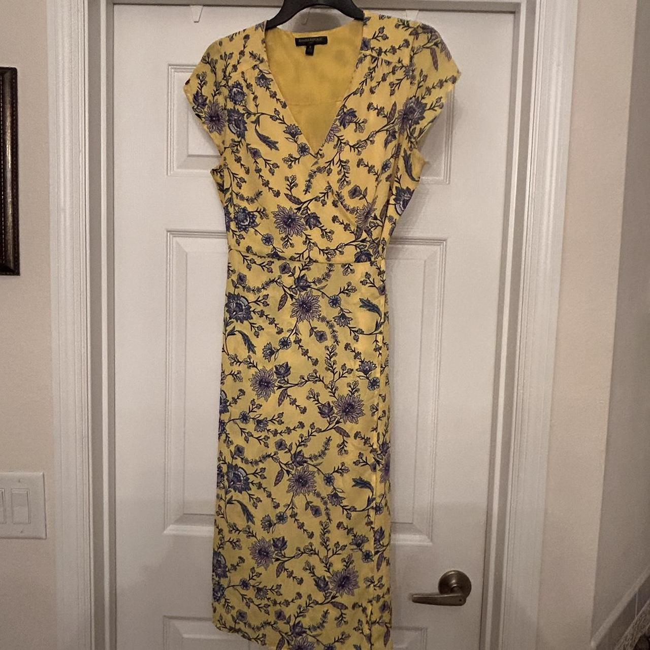 Banana Republic Yellow Wrap Dress with Purple. Depop