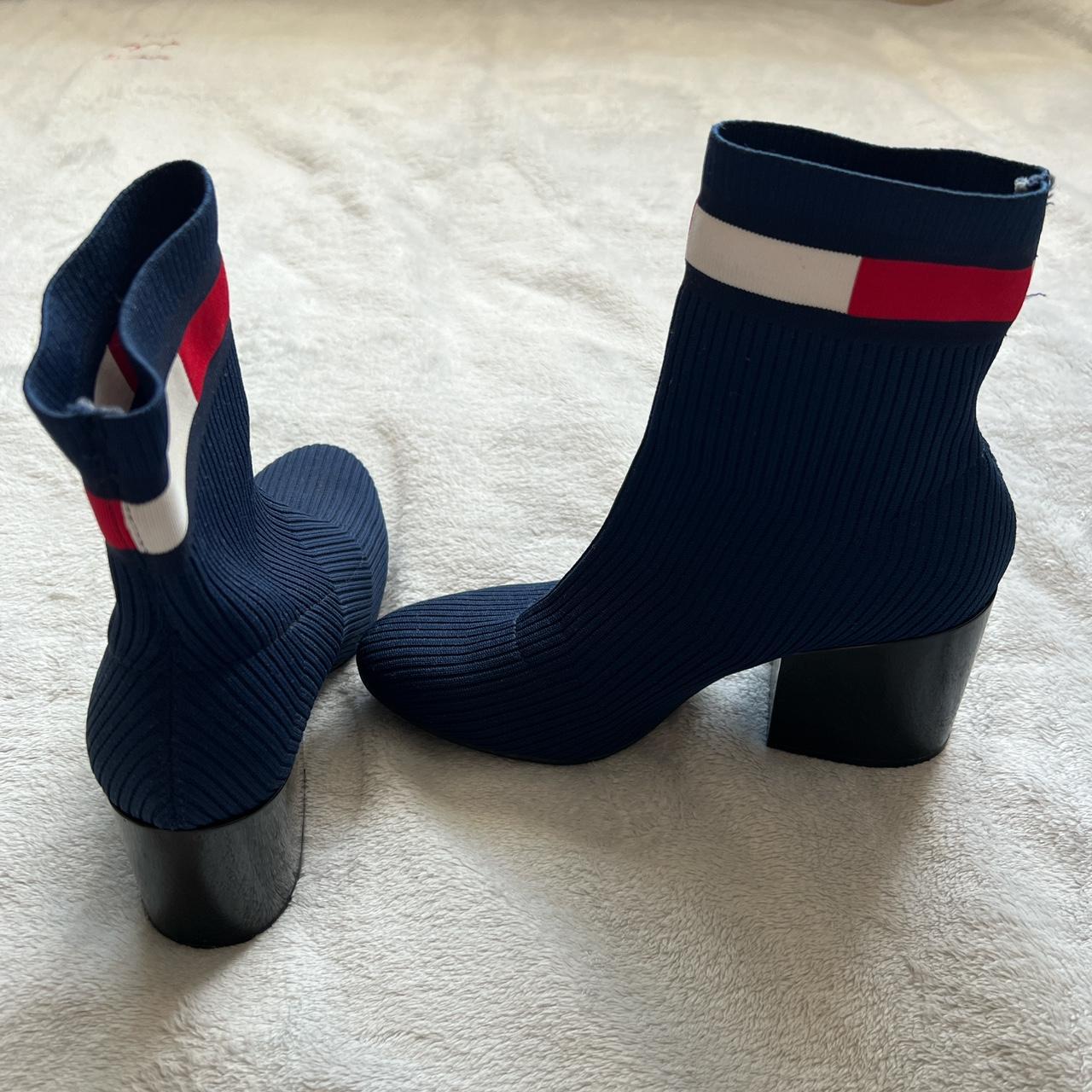 TOMMY HILFIGER Round Toe Block Heel Sock Heeled Boot. Depop