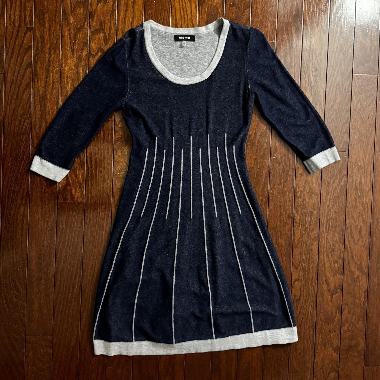 NINE WEST navy and white striped dress with 3 4. Depop