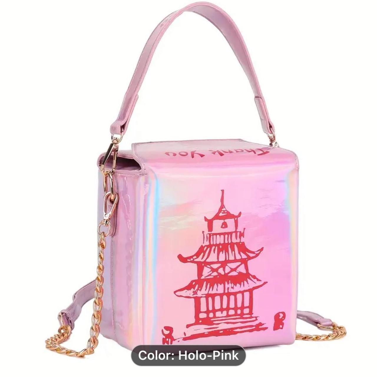Pink holographic bag with a cute design on the