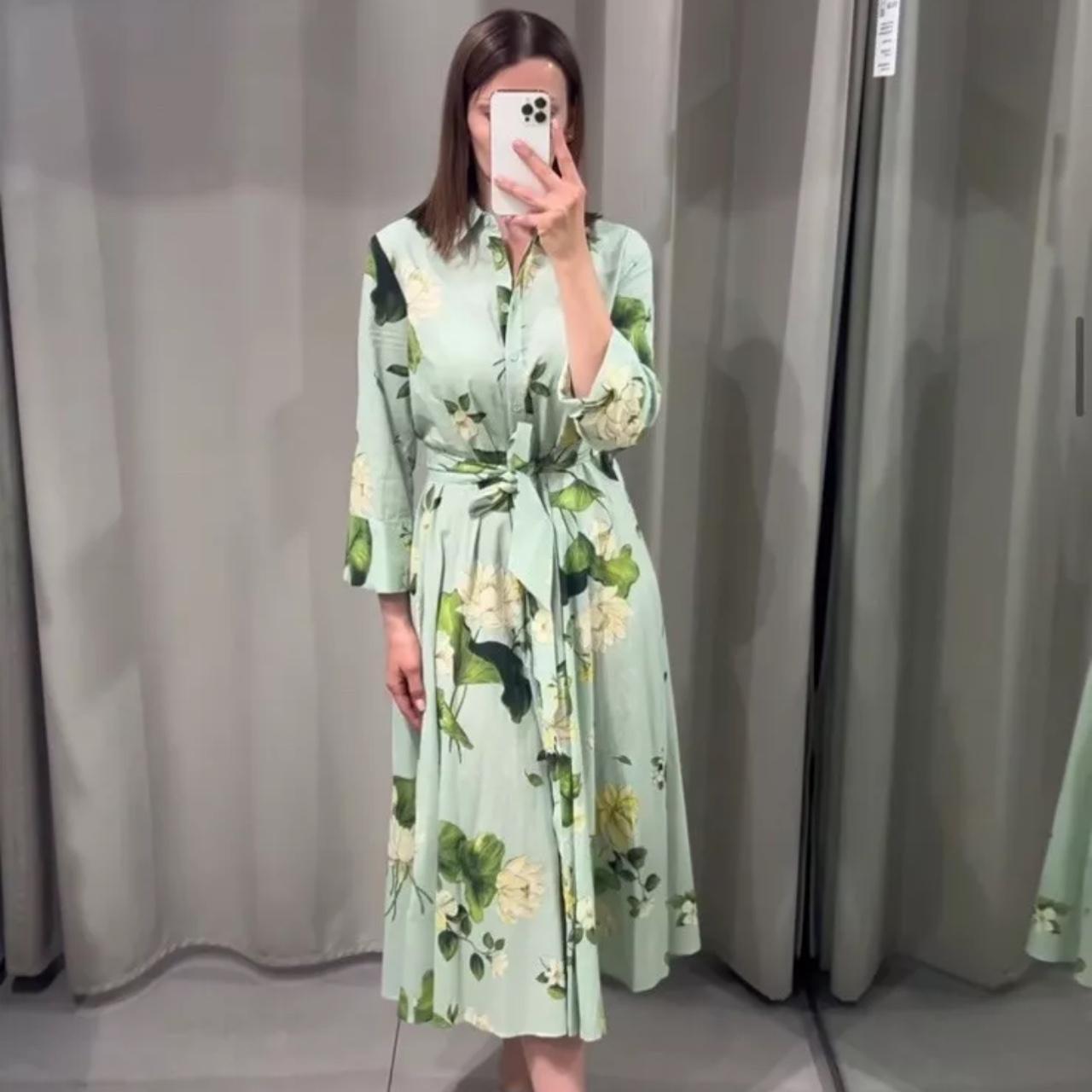 ZARA NEW WOMAN MIDI BELTED FLORAL SHIRT DRESS