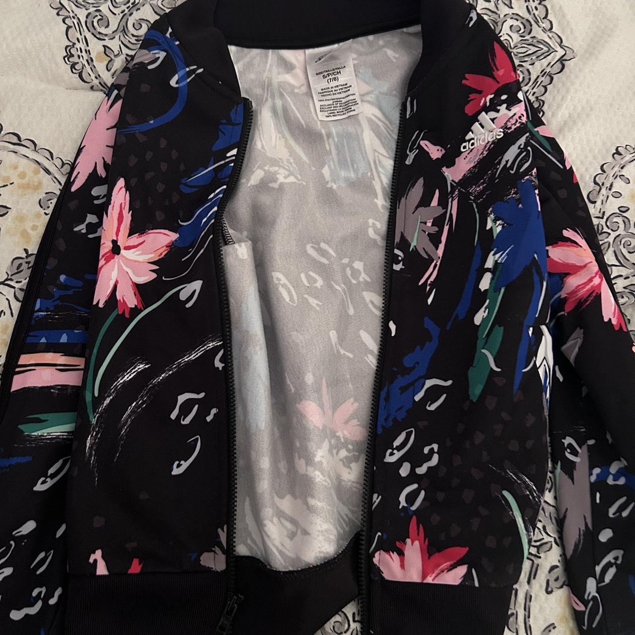 Adidas kids black and pink floral zip up jacket Size. Depop