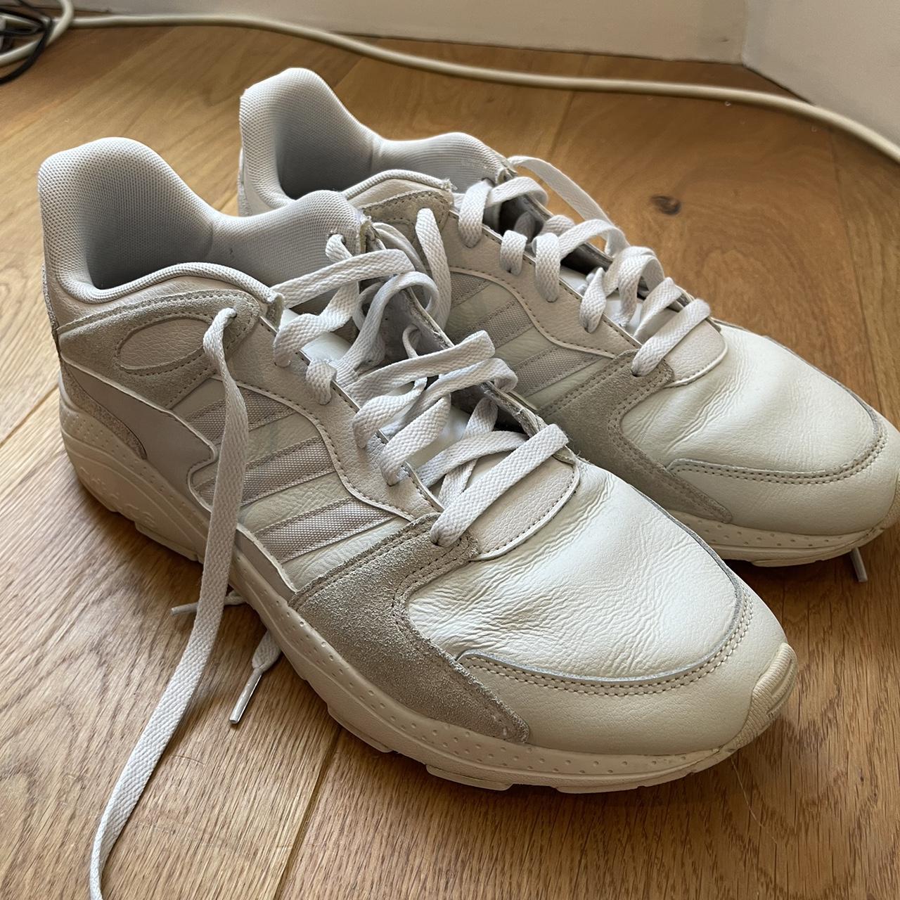 Adidas trainers, worn once. Off white/cream color... - Depop