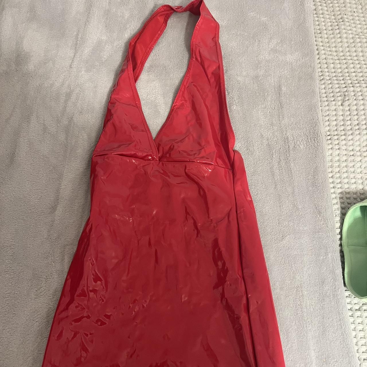 Red latex halter neck backless dress Perfect for... - Depop