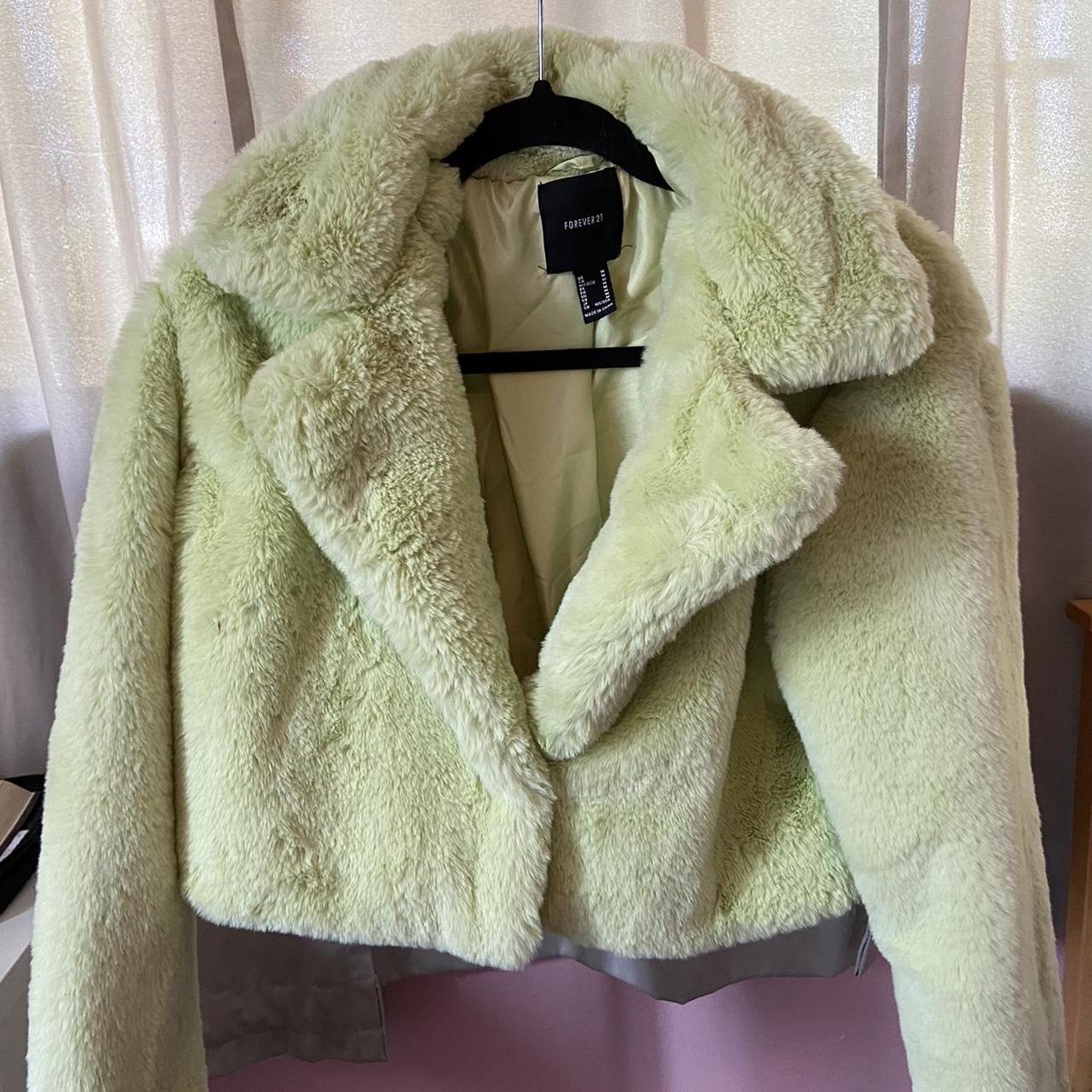 Green faux fur jacket worn a couple times fits a. Depop