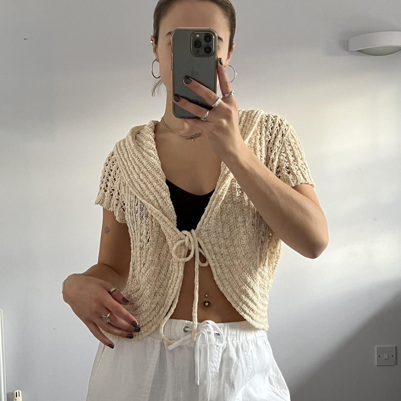 cream crochet tie up cardigan, size L and i’m an 8... - Depop