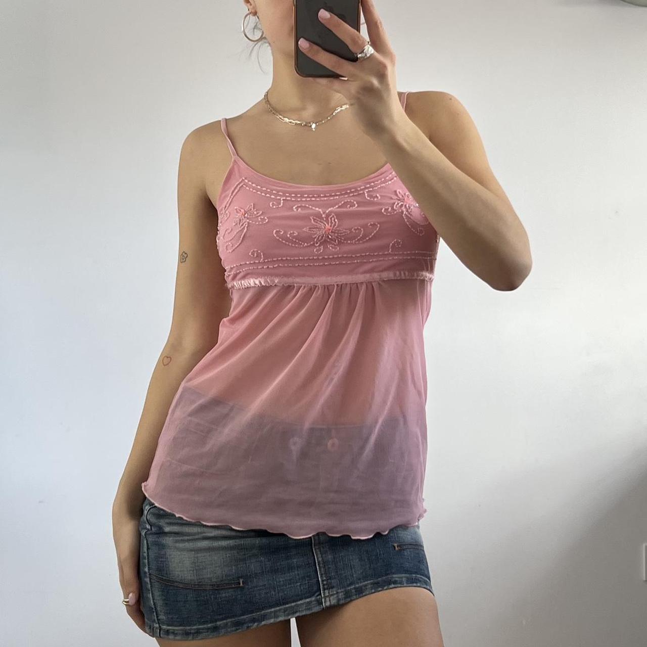 pink sequin sheer vest top, size not specified but I... Depop