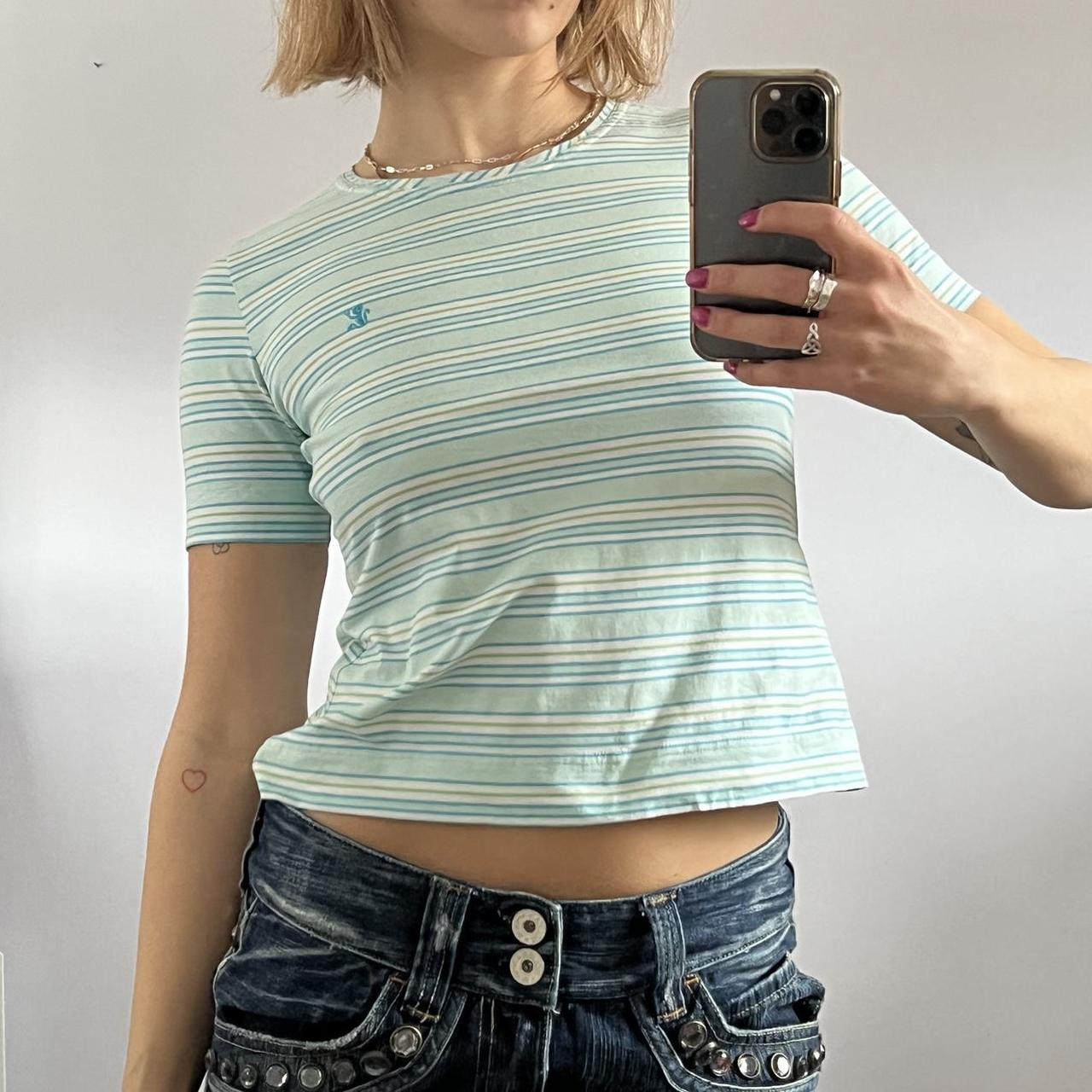 blue striped baby tee, size S and I am an 8/10 and... - Depop