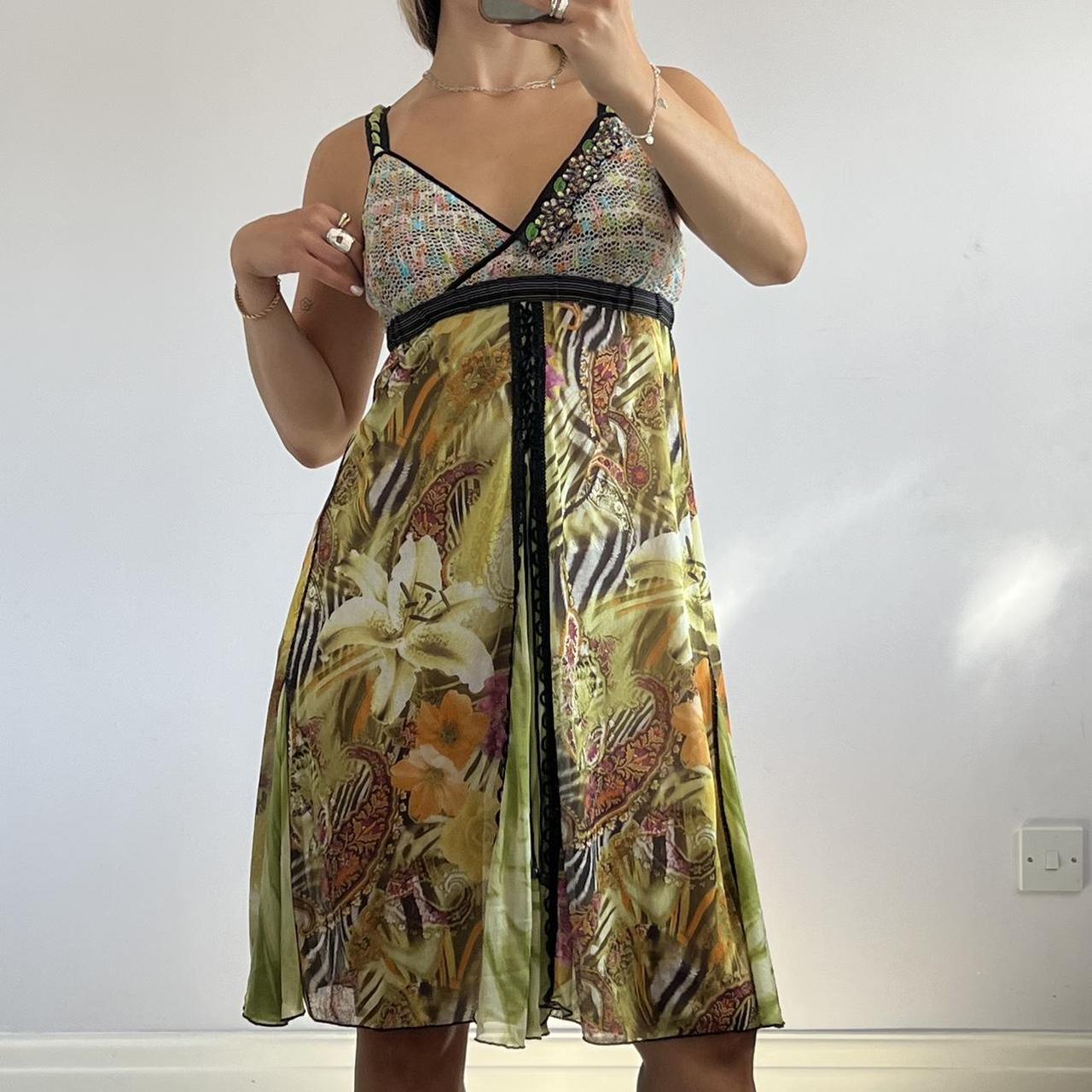 floral print green midi dress with crochet and... - Depop
