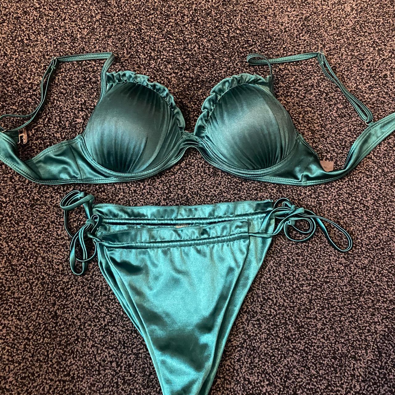 SHEIN green silk bikini Size medium Would best fit... Depop