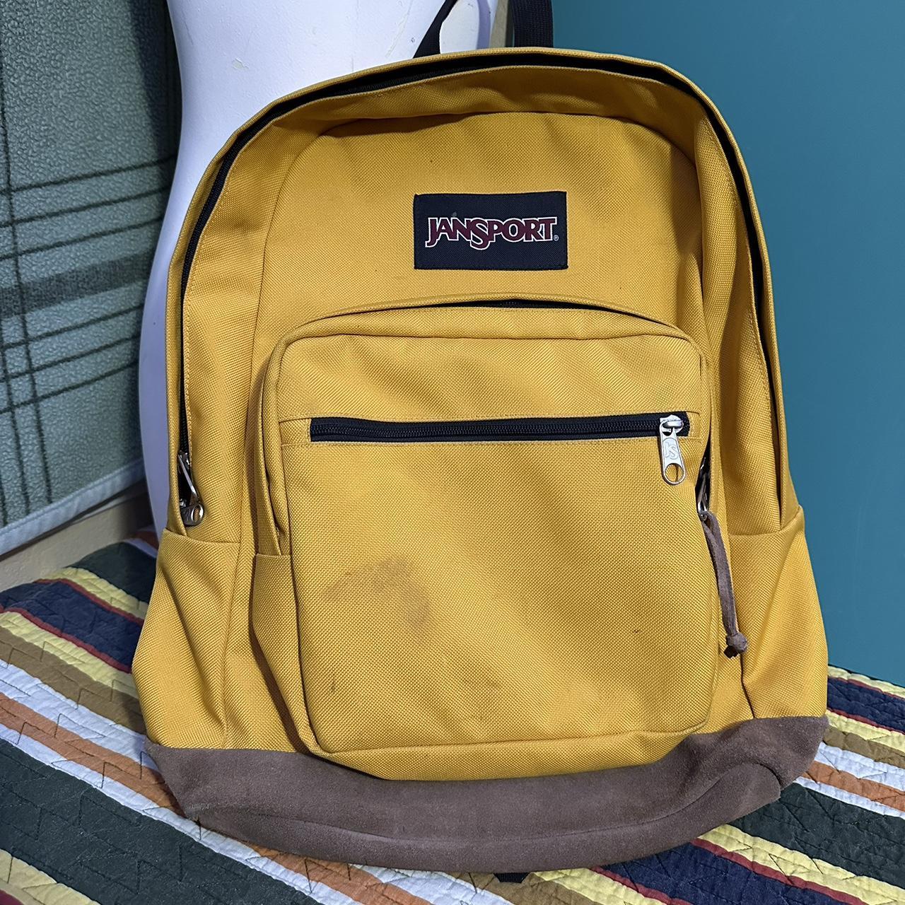 Jansport Backpack Mustard Yellow and Brown Suede... - Depop