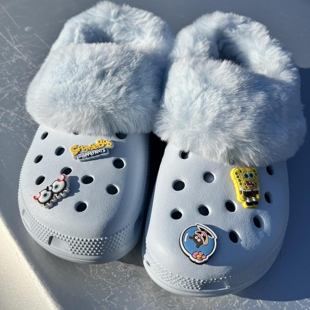 Baby blue fuzzy crocs best sale