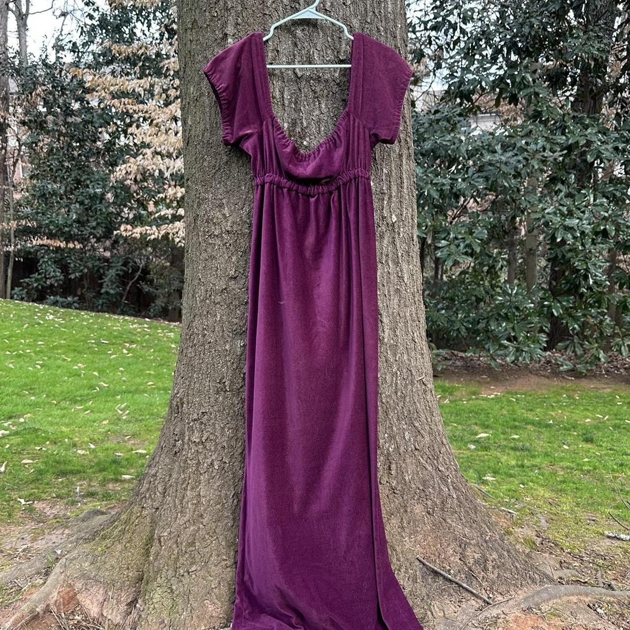 70s purple velour maxi dress with puff sleeves Depop