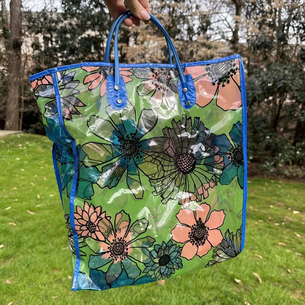 Vintage Clear Plastic Flower Power Tote 1960s Retro Green 